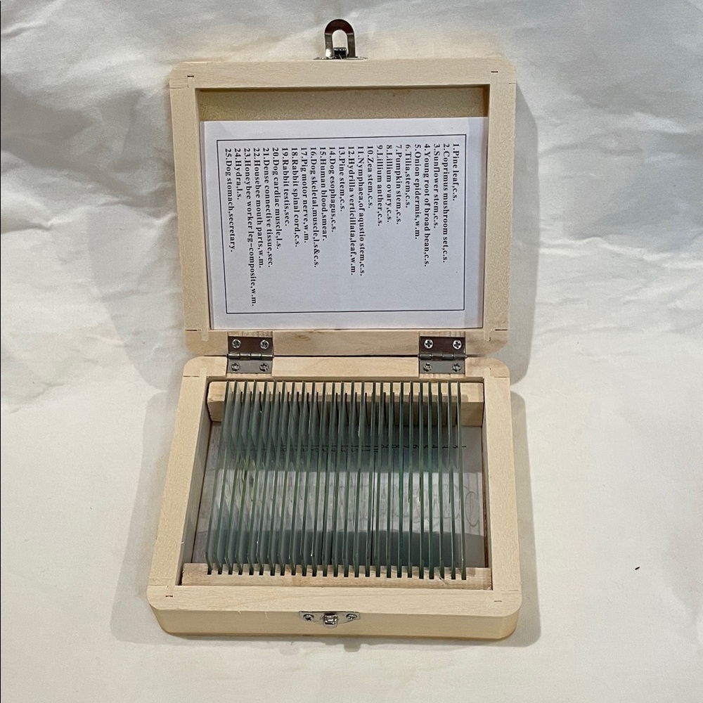 AmScope PS25 Biological Science microscope slides, 25 slides, wooden case